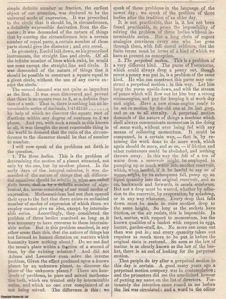 Item #365838 Impossible Problems. An original article from the Notes and Queries journal, 1857....