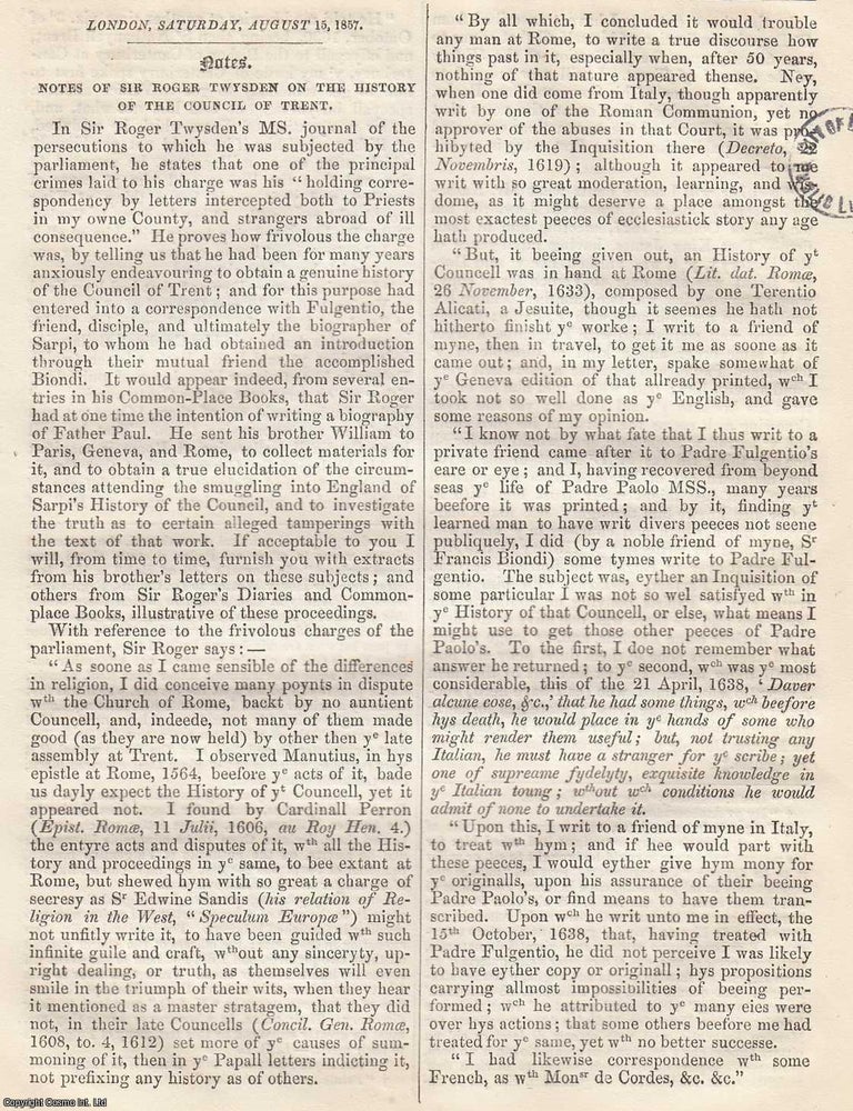 Item #365843 Sir Roger Twysden on the History of the Council of Trent. An original article from...