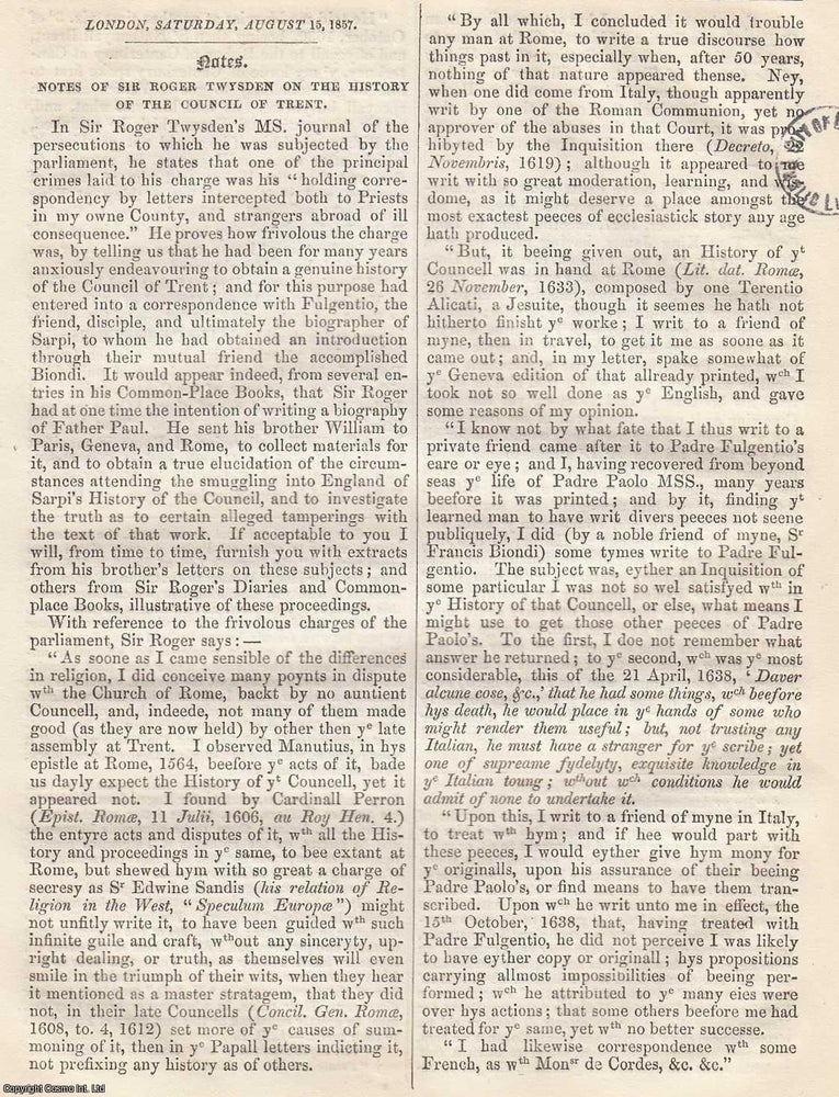 Item #365843 Sir Roger Twysden on the History of the Council of Trent. An original article from...