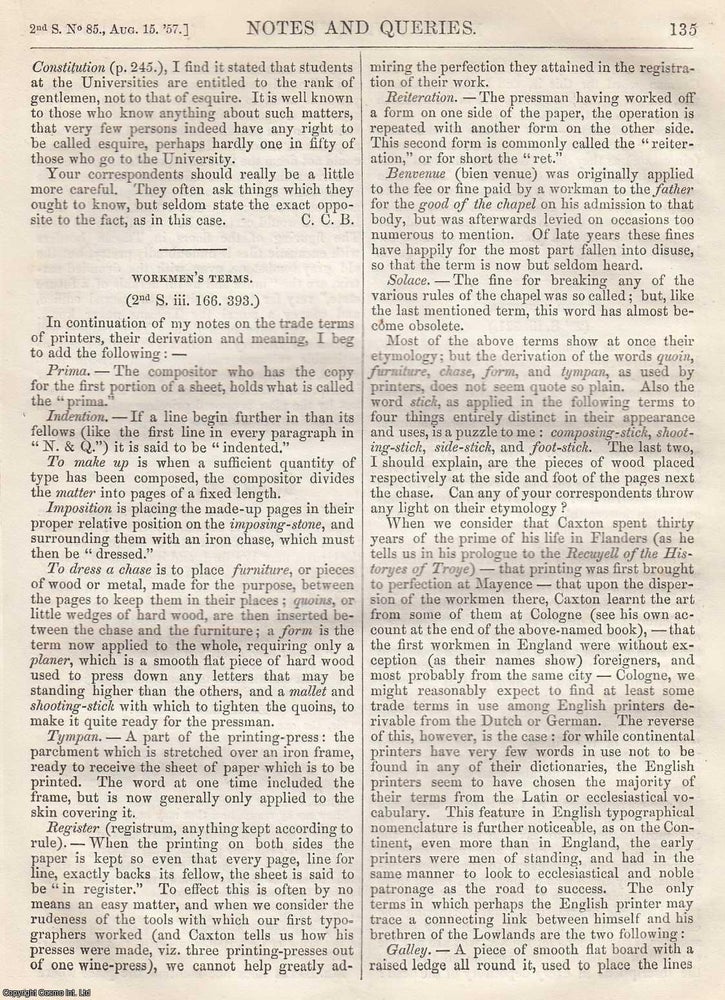 Item #365844 Printer's Words; Workmen's Terms. A group of short articles from the Notes...