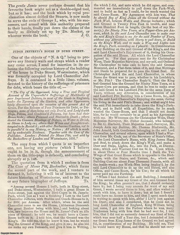 Item #365845 Judge Jeffreys's House in Duke Street. An original article from the Notes and...