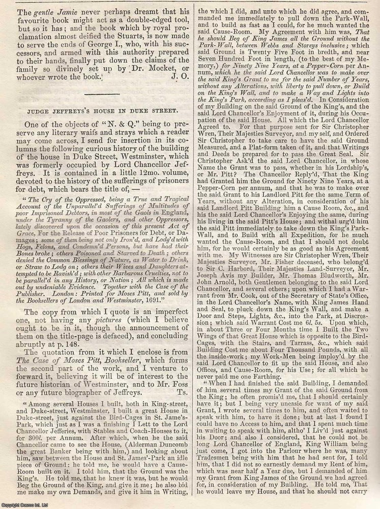 Item #365845 Judge Jeffreys's House in Duke Street. An original article from the Notes and...