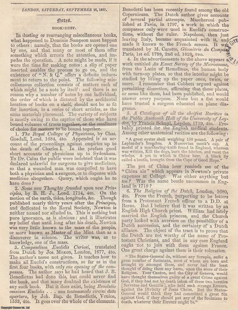Item #365847 Book Dust. Miscellaneous books remarked upon. An original article from the Notes and...