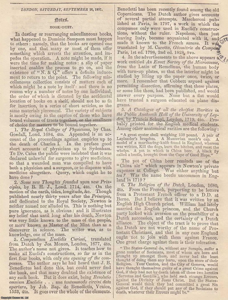 Item #365847 Book Dust. Miscellaneous books remarked upon. An original article from the Notes and...