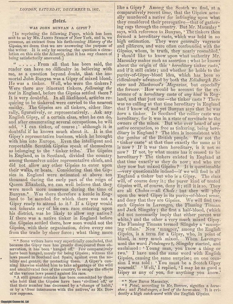 Item #365851 Was John Bunyan a Gipsy ? An original article from the Notes and Queries journal,...