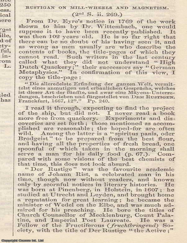 Item #365852 Rustigan on Mill Wheels and Magnetism. An original article from the Notes and...