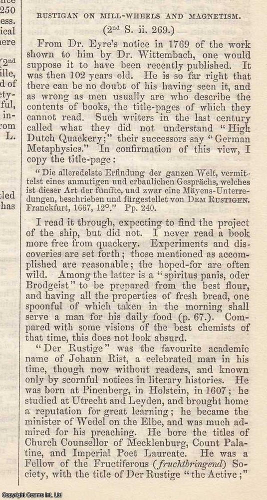 Item #365852 Rustigan on Mill Wheels and Magnetism. An original article from the Notes and...