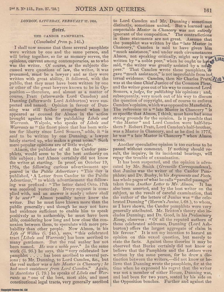 Item #365853 Candor in The Public Advertiser; The Candor Pamphlets and their Authorship. An...