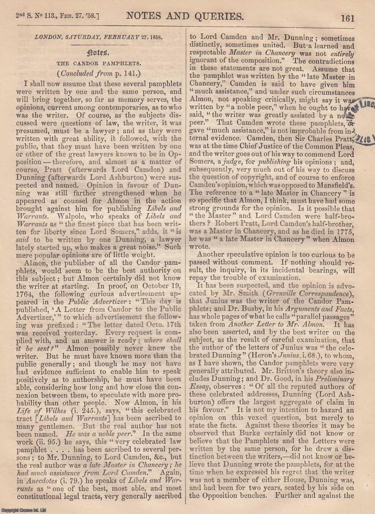 Item #365853 Candor in The Public Advertiser; The Candor Pamphlets and their Authorship. An...