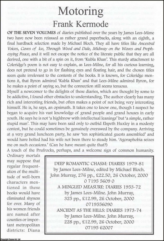 Item #365856 Motoring. The diaries of James Lees-Milne. An original article from The British...