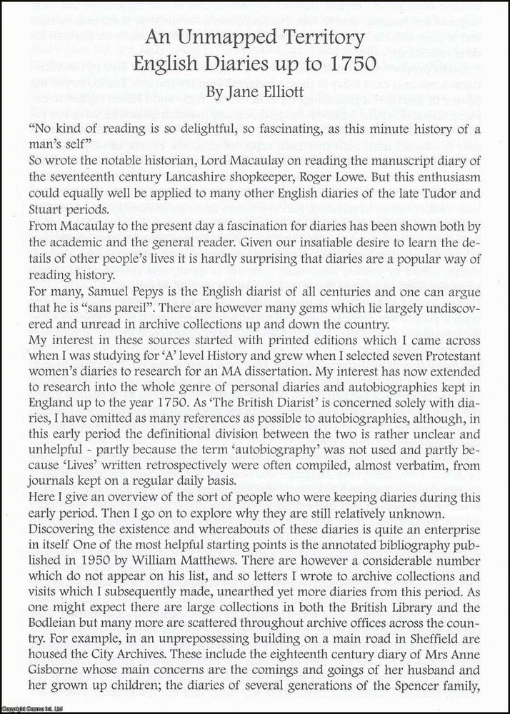 Item #365857 An Unmapped Territory; English Diaries up to 1750. An original article from The...