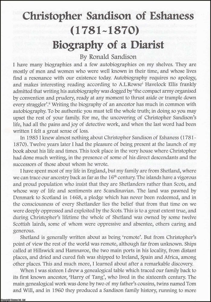 Item #365860 Christopher Sandison of Eshaness, 1781-1870. An original article from The British...