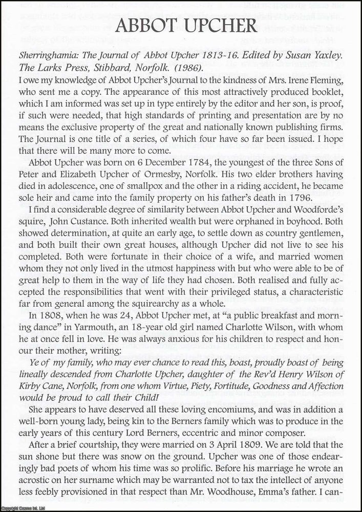 Item #365862 Abbot Upcher; Sherringhamia. An original article from The British Diarist journal,...