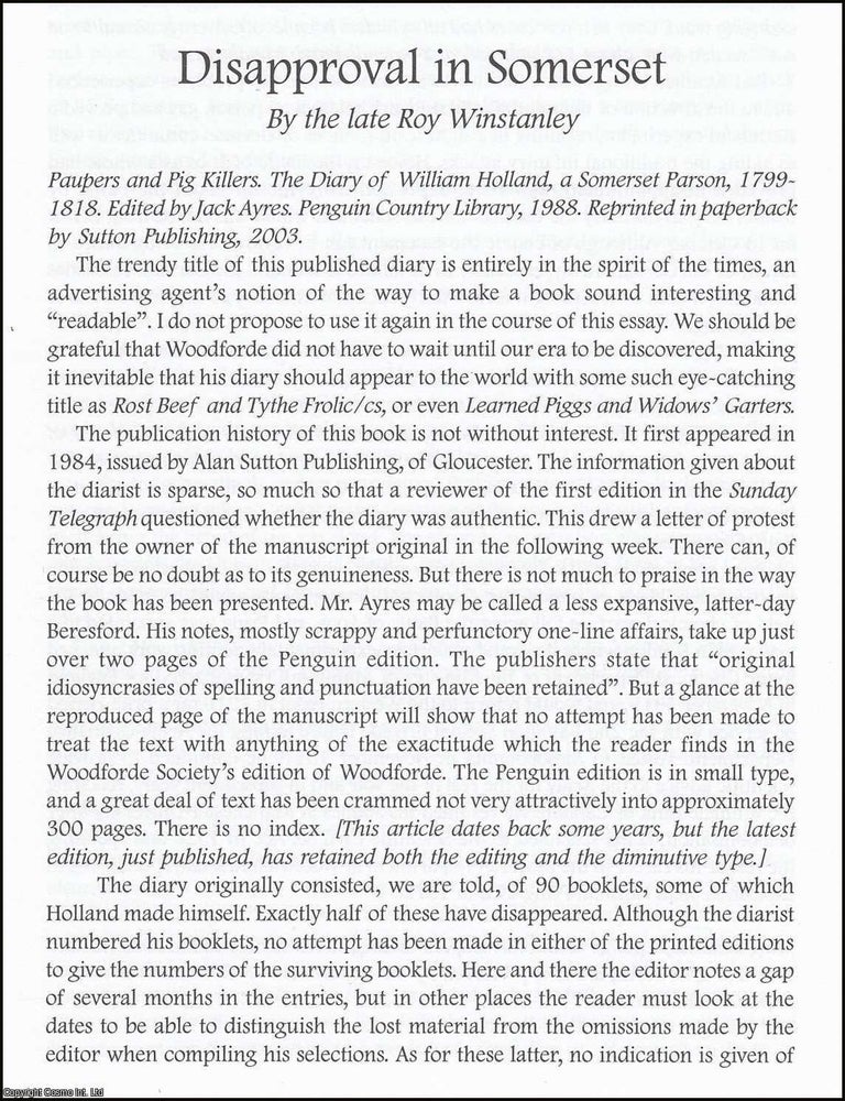 Item #365866 Disapproval in Somerset: Paupers and Pig Killers. The Diary of William Holland. An...