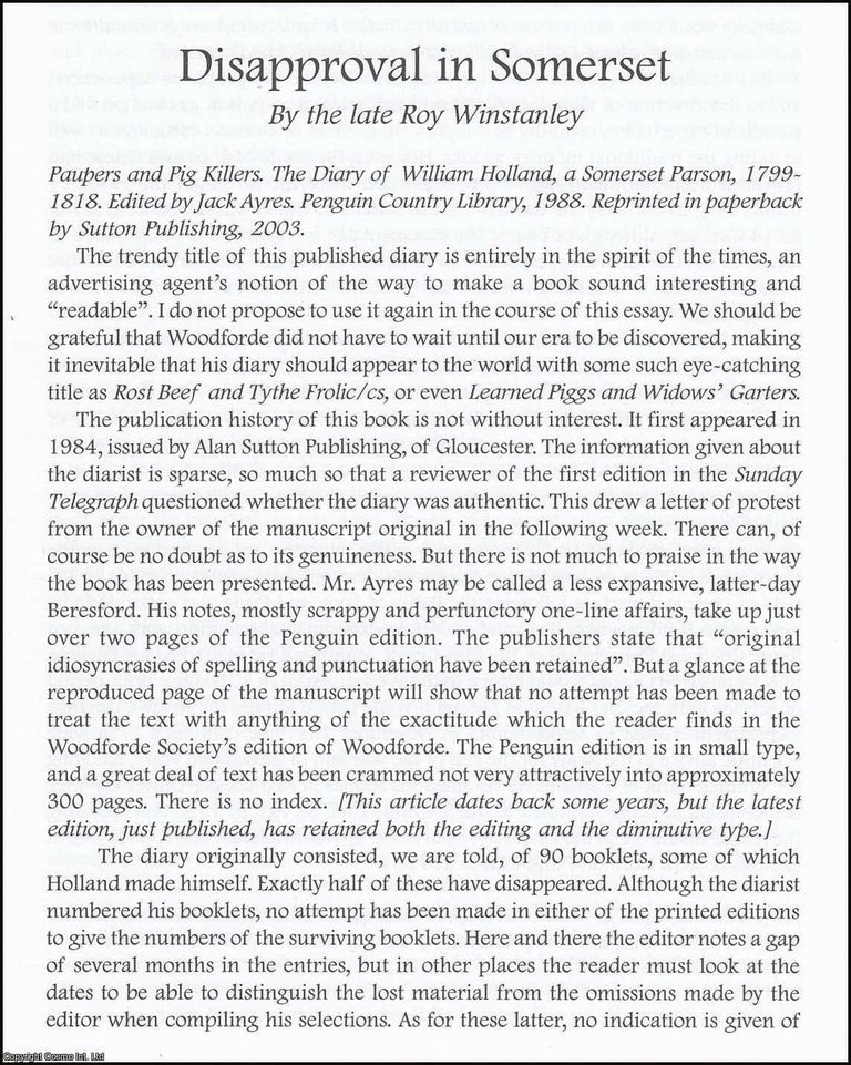 Item #365866 Disapproval in Somerset: Paupers and Pig Killers. The Diary of William Holland. An...