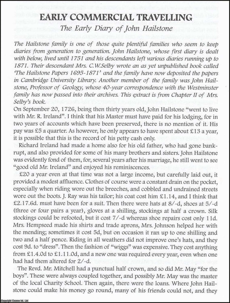 Item #365867 The Early Diary of John Hailstone; Early Commercial Travelling. An original article...