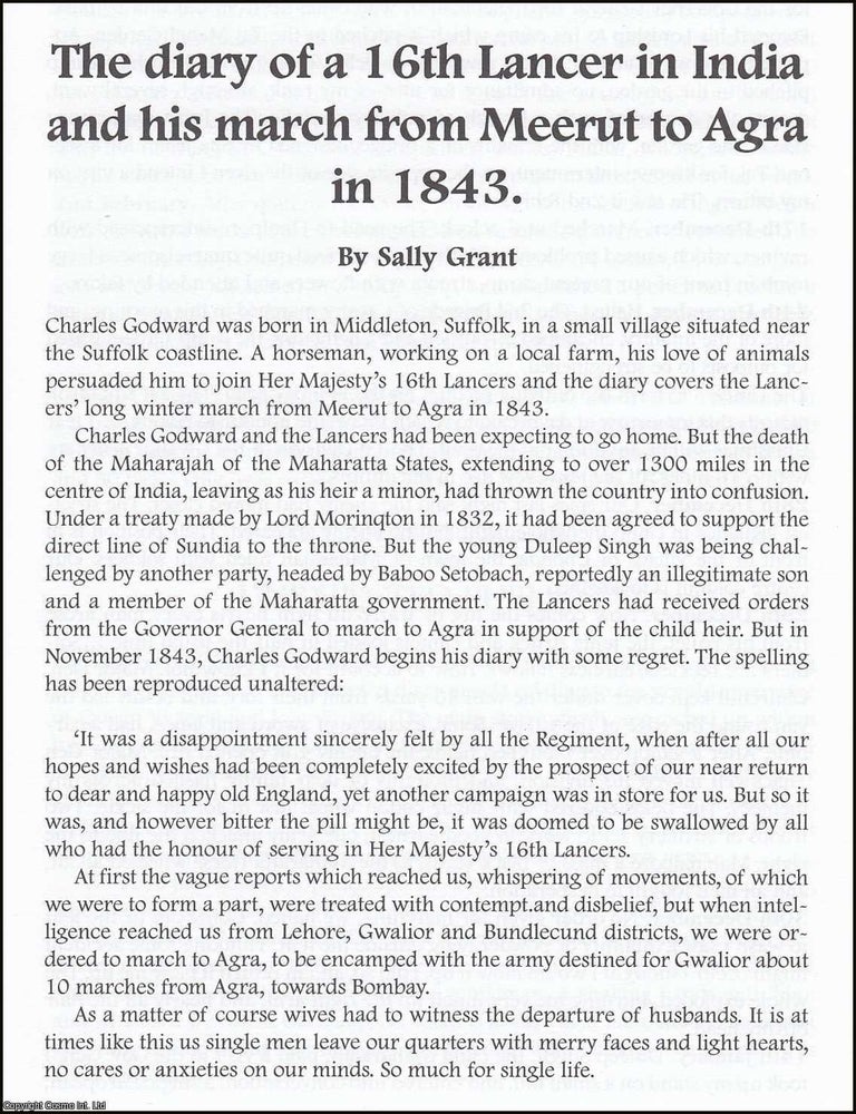 Item #365868 The Diary of a 16th Lancer in India and his march from Meerut to Agra in 1843. An...