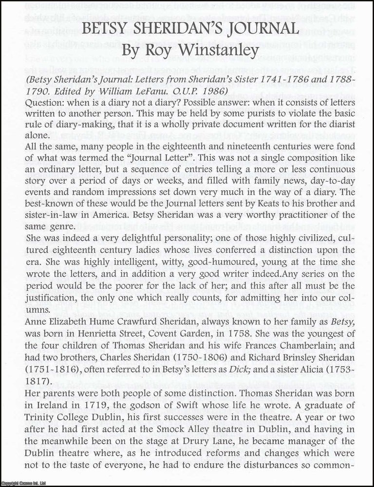 Item #365872 Betsy Sheridan's Journal. An original article from The British Diarist journal,...