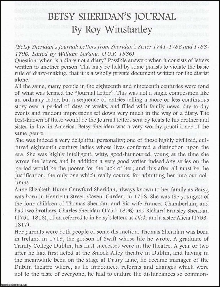 Item #365872 Betsy Sheridan's Journal. An original article from The British Diarist journal,...