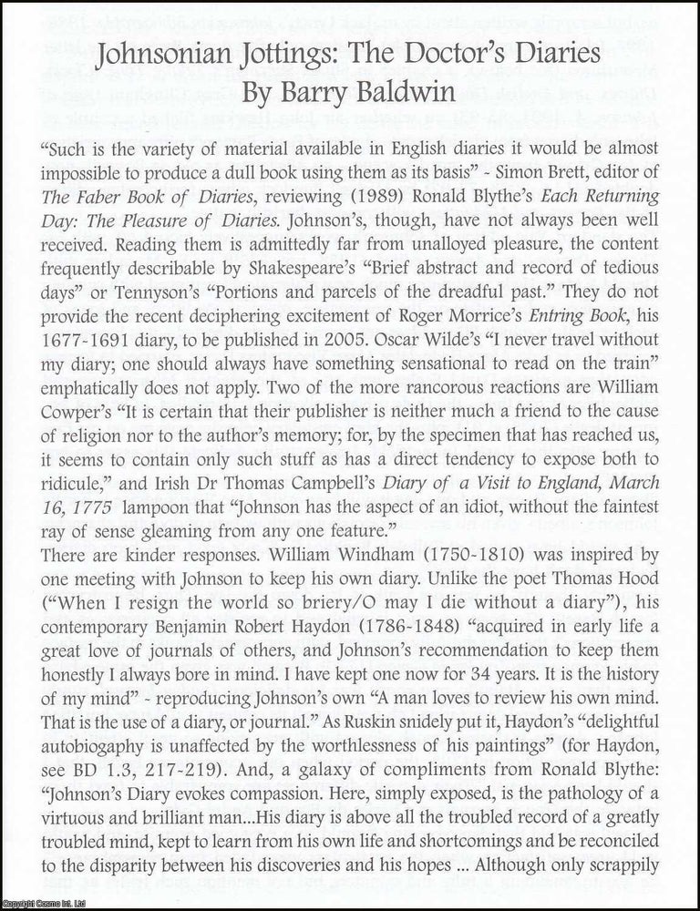 Item #365875 Johnsonian Jottings: The Doctor's Diaries. An original article from The British...