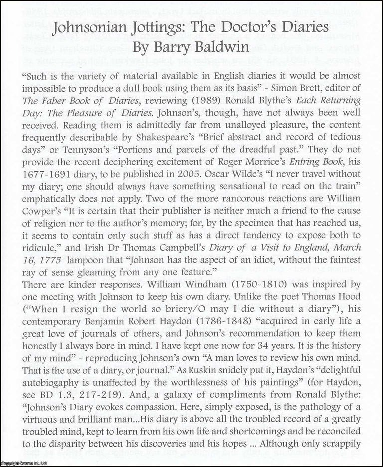 Item #365875 Johnsonian Jottings: The Doctor's Diaries. An original article from The British...