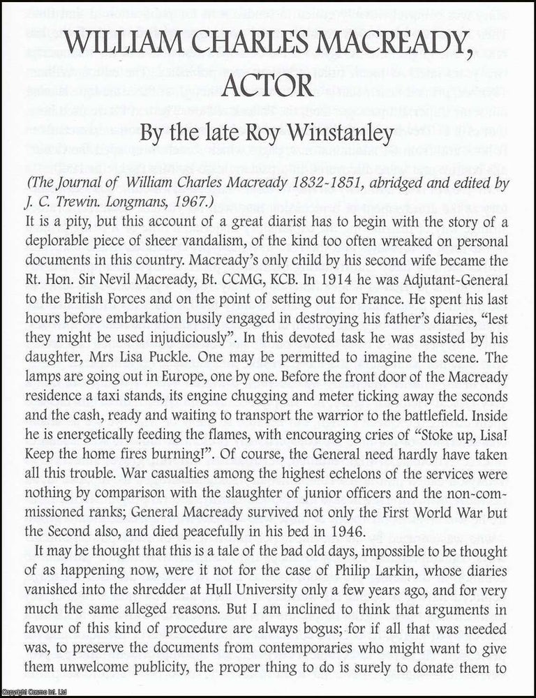 Item #365880 William Charles Macready, Actor. An original article from The British Diarist...