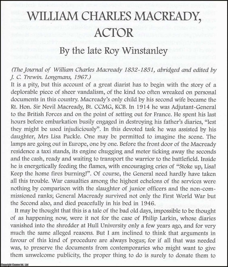 Item #365880 William Charles Macready, Actor. An original article from The British Diarist...