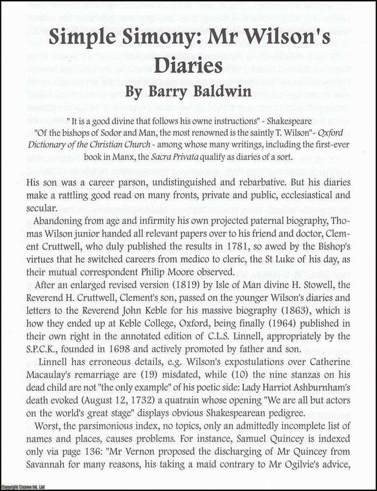 Item #365881 Simple Simony: Mr Thomas Wilson's Diaries. An original article from The British...