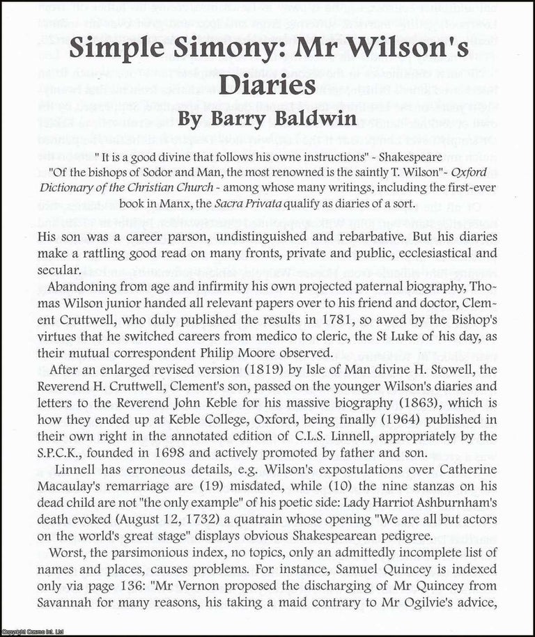Item #365881 Simple Simony: Mr Thomas Wilson's Diaries. An original article from The British...