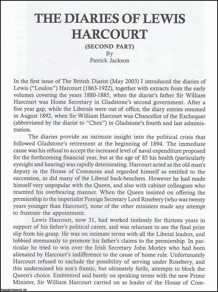 Item #365882 The Diaries of Lewis Harcourt. Part 2. An original article from The British Diarist...
