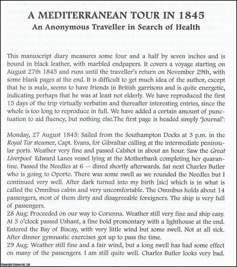 Item #365884 A Mediterranean Tour in 1845. An anonymous Traveller in Search of Health. An...