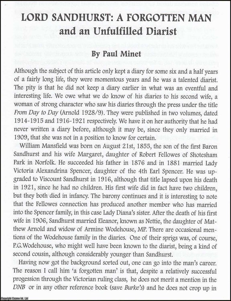 Item #365886 Lord Sandhurst: A Forgotten Man and an Unfulfilled Diarist. An original article from...