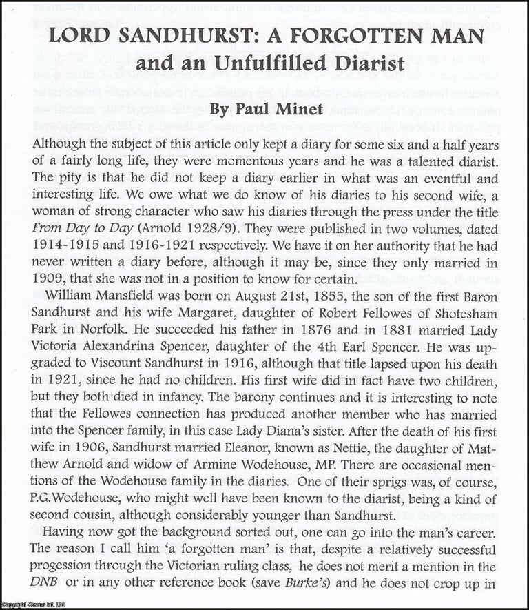 Item #365886 Lord Sandhurst: A Forgotten Man and an Unfulfilled Diarist. An original article from...
