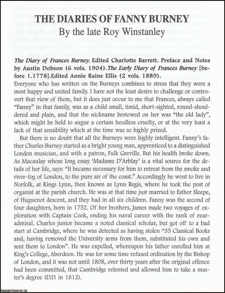 Item #365889 The Diaries of Fanny Burney. An original article from The British Diarist journal,...