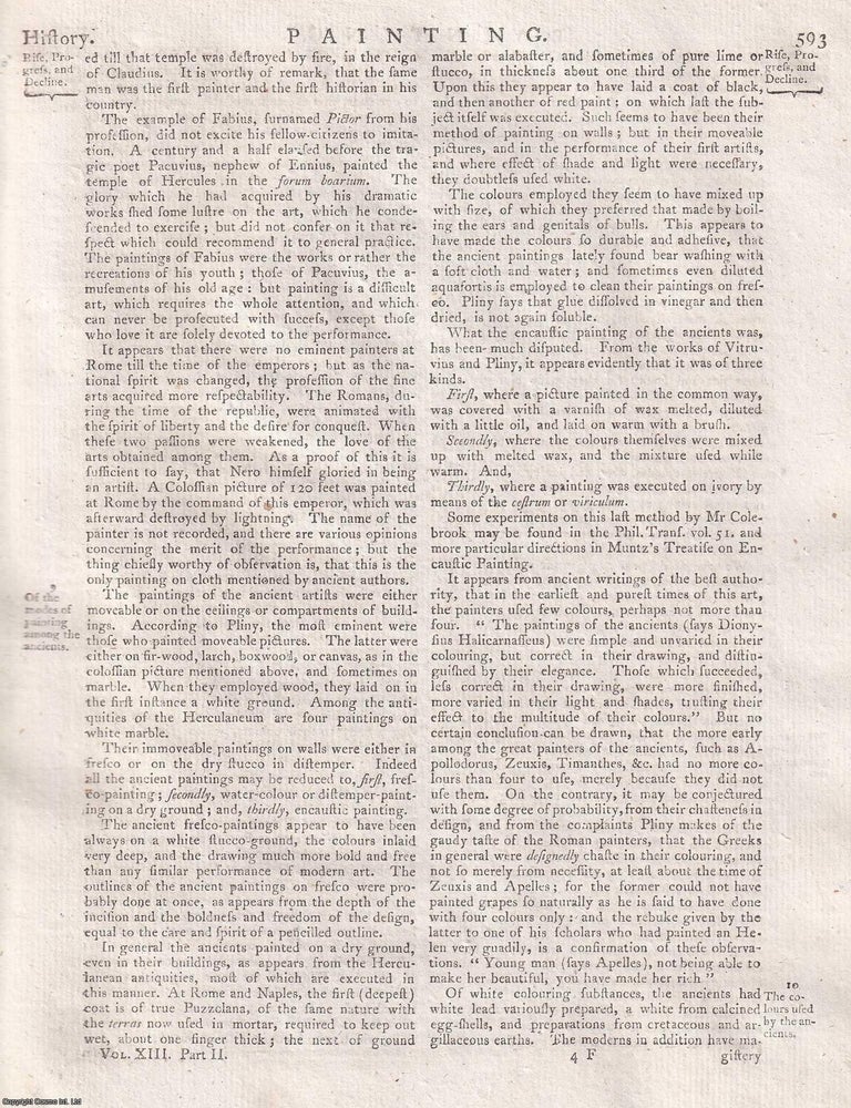 Item #365902 Painting, the art of representing objects by means of figures and colours. A rare original article from the Encyclopaedia Britannica, Edinburgh Edition 1797. PAINTING AND THE REPRESENTATION OF NATURE.