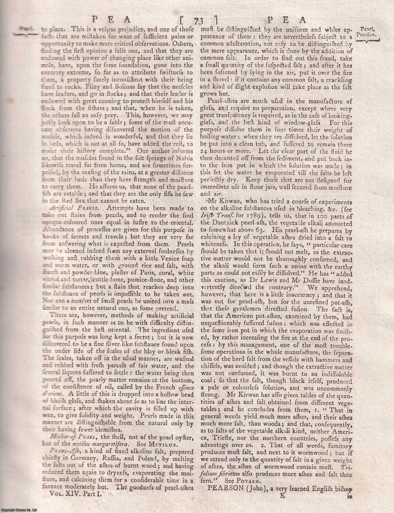 Item #365904 Pearls, hard shining bodies usually roundish, found in a shellfish resembling an oyster. A rare original article from the Encyclopaedia Britannica, Edinburgh Edition 1797. PEARLS AND THEIR NATURAL ORIGINS.