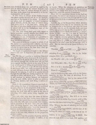 The pendulum, a vibrating body suspended from a fixed point. A rare original article from the Encyclopaedia Britannica, Edinburgh Edition 1797.