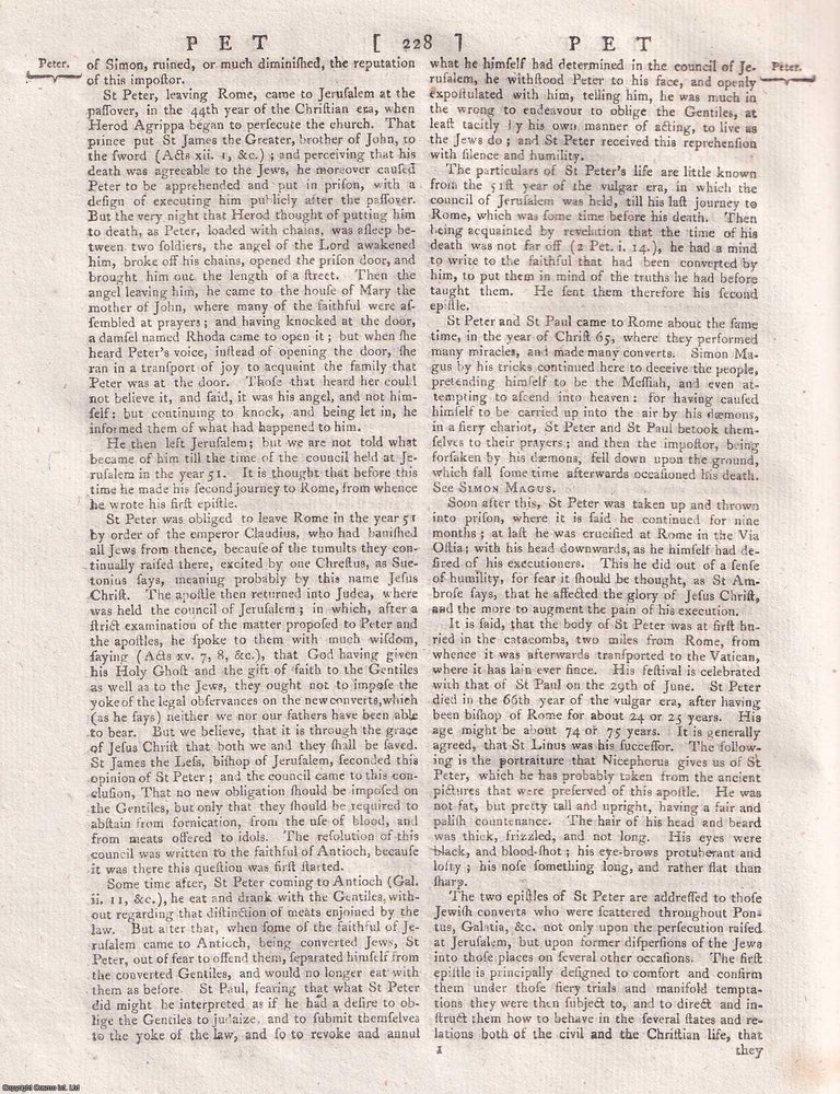 Item #365911 Peter the apostle. A rare original article from the Encyclopaedia Britannica, Edinburgh Edition 1797. THE APOSTLE PETER.