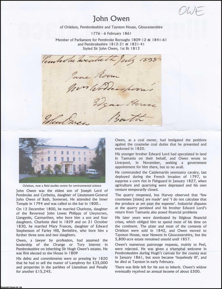 Item #365921 Styled Sir John Owen, 1st Baronet, 1813. John Owen of Orielton, Pembrokeshire and...