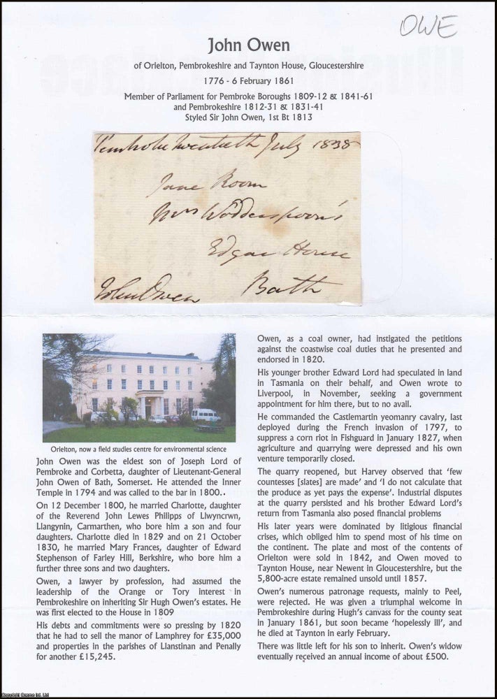 Item #365921 Styled Sir John Owen, 1st Baronet, 1813. John Owen of Orielton, Pembrokeshire and...