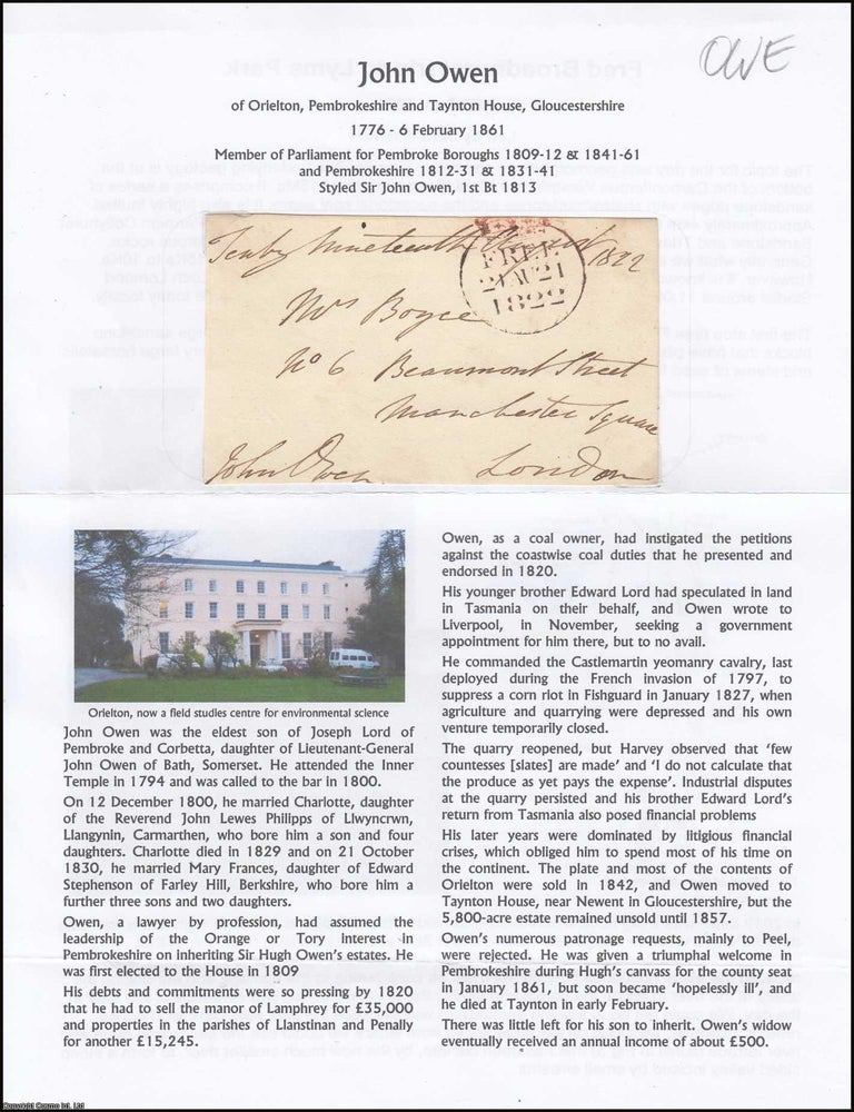 Item #365926 John Owen, Member of Parliament for Pembroke Boroughs, 1809-12 & 1841-61 and...