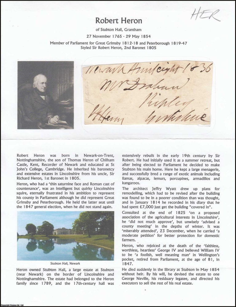 Item #365929 Robert Heron of Stubton Hall, Grantham, 27 November 1765 - 29 May 1854. Member of...