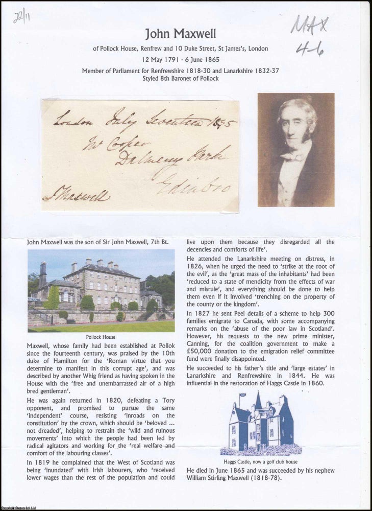 Item #365945 Styled 8th Baronet of Pollock. John Maxwell of Pollock House, Renfrew and 10 Duke...