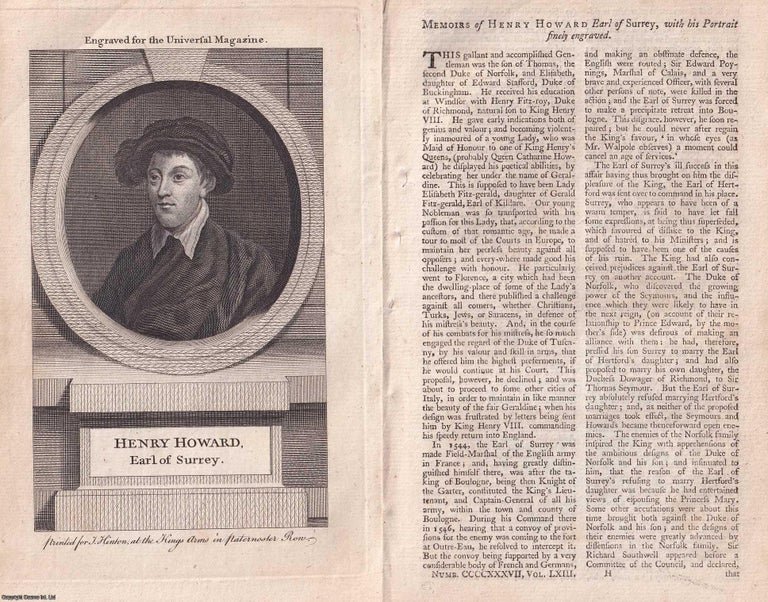 Item #365970 Portrait of Henry Howard, Earl of Surrey. 1778. A TUDOR POET REMEMBERED