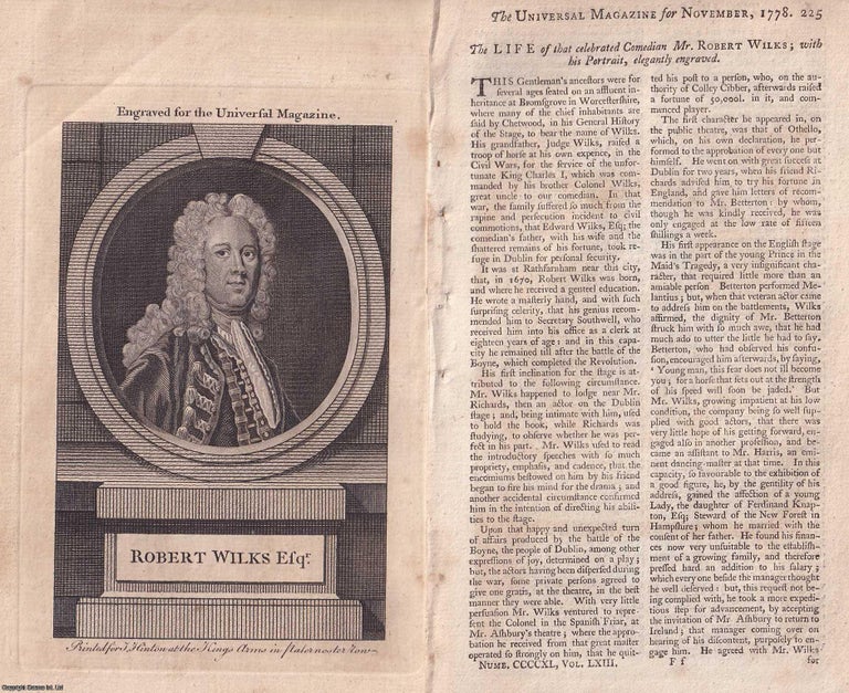 Item #365973 Portrait of Robert Wilks, the celebrated Comedian. 1778. A STAR OF THE EARLY STAGE