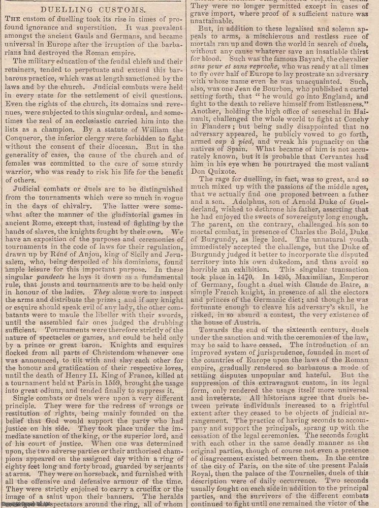 Item #365992 1837. Duelling Customs FEATURED in Chambers' Edinburgh Journal. A single...