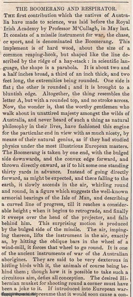 Item #365993 1837. The Boomerang and Respirator. An article printed in 1837, written by...