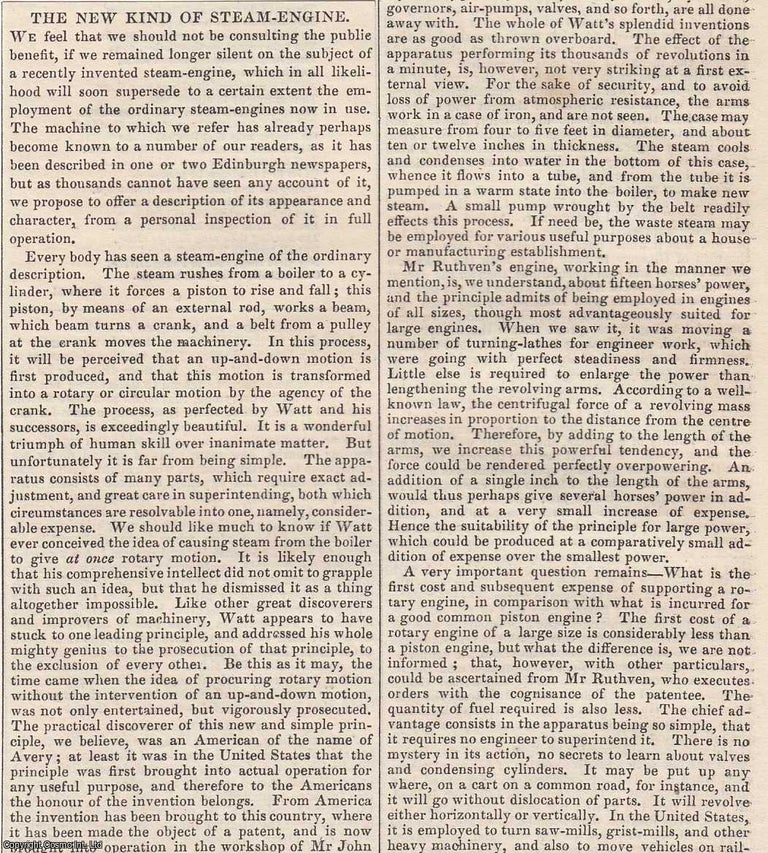Item #365996 1837. The New Kind of Steam Engine, created by John Ruthven, Edinburgh machine...