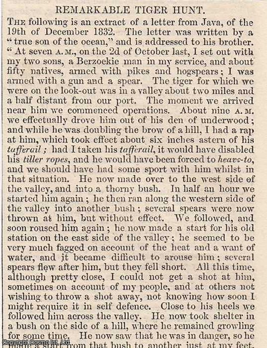 Item #365998 1837. A Remarkable Tiger Hunt in Java, 1832. FEATURED in Chambers' Edinburgh...