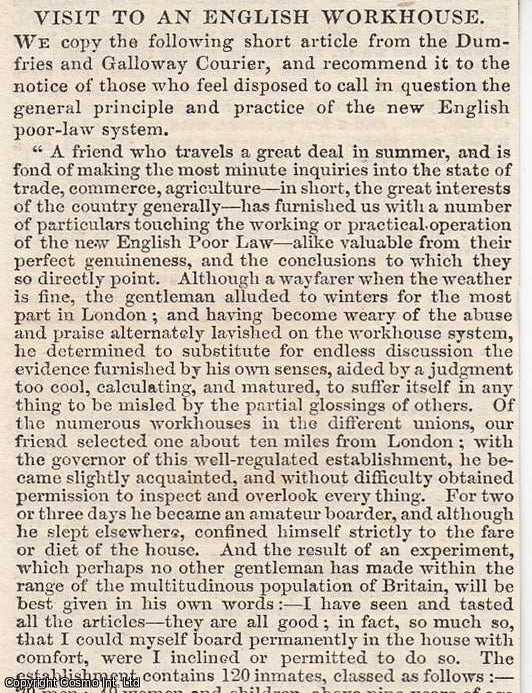 Item #366007 1837. Visit to an English Workhouse, under the New English Poor Law. An article...